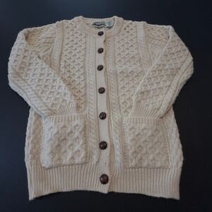 Aran Crafts Ireland Merino Wool Cable Knit Cardigan Sweater Cream Womens Small